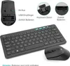 A black wireless keyboard and mouse set with callouts and close-up views of features. Produktbild-Vorschau