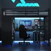 A gaming bedroom setup with a loft bed, desk, computer, and gaming chair, illuminated by blue LED lights. Anteprima dell’immagine prodotto