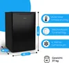 A black mini-refrigerator with dimensions and feature callouts. Produktbild-Vorschau