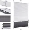 A collage of images showing different aspects of pleated blinds, including mounting hardware, fabric texture, and the blinds themselves in white and gray. Voir les images du produit