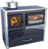 A wood-burning stove with a pot on top and a roast chicken in the oven. Produktbild-Vorschau