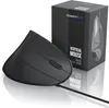 A black vertical ergonomic mouse is shown next to its packaging box, both on a white reflective surface. Produktbild-Vorschau