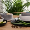 A table setting with ceramic bowls, plates, chopsticks, and garnishes like lime and scallions, with a lush green plant in the background. Náhled obrázku produktu