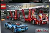 The image shows the packaging of a LEGO Technic car transporter set, with a blue sports car in the foreground and the transporter truck and trailer in the background. Anteprima dell’immagine prodotto