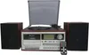 A vintage-style record player with speakers, cassette deck, and remote control, presented against a white background. Produktbild-Vorschau