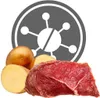 A raw piece of meat and cut potatoes are shown in front of a graphic element. Podgląd zdjęcia produktu