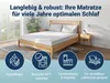 A bedroom scene with a mattress on a wooden bed frame, featuring marketing icons and text. Produktbild-Vorschau