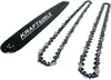 A black chainsaw guide bar and two chainsaw chains are laid out on a white background. Produktbild-Vorschau