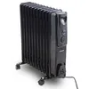 A black oil-filled electric radiator with wheels, shown against a white background. Podgląd zdjęcia produktu