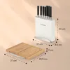 A knife block with knives and a cutting board are displayed with dimensions indicated by measurement lines and text. Produktbild-Vorschau