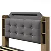 Close-up view of a gray upholstered headboard with built-in wooden shelves on the sides. Podgląd zdjęcia produktu