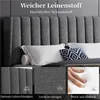 A close-up view of a bed with a dark gray upholstered headboard and pillows, with inset images highlighting fabric texture and a hand pressing into a foam mattress. Produktbild-Vorschau