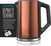 A copper-colored electric kettle is shown next to a black panel with product information and safety certifications. Náhled obrázku produktu