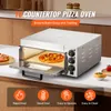 A stainless steel countertop pizza oven is shown on a kitchen counter, with a pizza baking inside. The oven door is open, revealing the pizza. Below the oven are icons representing features. Náhled obrázku produktu