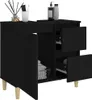A black bathroom vanity with open drawers and doors, showing towels inside one compartment. Produktbild-Vorschau