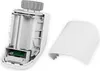 The inside of a white thermostat with batteries and a circuit board is shown, next to its detached white cover. Produktbild-Vorschau