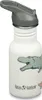 A white Klean Kanteen water bottle with a dinosaur graphic and a gray flip-top sport cap. Voir les images du produit
