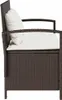 Side view of a brown poly rattan garden bench with white cushions. Produktbild-Vorschau