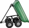 A green garden cart with four wheels, tilted up to show its dumping mechanism. Produktbild-Vorschau