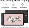 A graphic tablet with its features highlighted, including screen size, resolution, and weight. The tablet is shown from the front and back, with dimensions indicated. Produktbild-Vorschau
