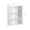 A white shelving unit with four gray storage boxes, showing dimensions. Produktbild-Vorschau