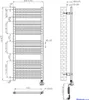 Technical drawing of a heated towel rail, showing dimensions and mounting details. Voir les images du produit