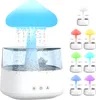 A mushroom-shaped humidifier with a blue light and water droplets, shown with multiple color options on the right. Voir les images du produit