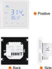 A collage of images showing a smart thermostat from different angles, including its front display, back connections, and side profile. Text overlays indicate 'Positive', 'Back', and 'Side'. Náhľad obrázku produktu