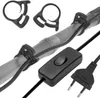 A close-up shot of black cable clips, a power switch, and a European plug, with a transparent tube in the background. Anteprima dell’immagine prodotto
