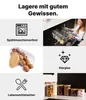 Collage mit klaren Glasvorratsgläsern mit Bambusdeckeln, eines gefüllt mit Walnüssen, ein anderes mit Nudeln, und einer Frau, die eine Spülmaschine belädt Voir les images du produit