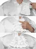 A collage of three images showing how to attach a ruffled jabot to a white shirt. Produktbild-Vorschau