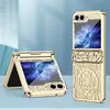 Two gold flip phone cases are displayed against a light blue and white background. One case is open, showing the phone screen, and the other is closed.