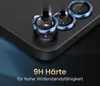 Close-up of a smartphone camera lens protector with a blue metallic rim, with small black balls falling onto the lenses to demonstrate durability. Produktbild-Vorschau