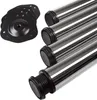 A set of four polished chrome table legs and four black mounting plates are arranged on a white background. Produktbild-Vorschau