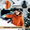 A woman in an orange winter coat is using an ice scraper on a car windshield covered in snow and ice. There are close-up insets showing product features. Produktbild-Vorschau