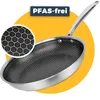 A close-up view of a frying pan with a honeycomb pattern, set against a yellow circular background. Produktbild-Vorschau