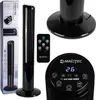 Collage of a black tower fan and its remote control, along with packaging. Anteprima dell’immagine prodotto