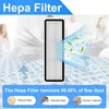 A promotional image for a Hepa filter, showing it in use and demonstrating what it filters. Produktbild-Vorschau