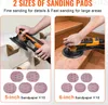 Two images showing a person using a sander on different surfaces, with images of sandpaper below. Produktbild-Vorschau