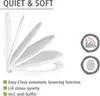 A toilet seat shown in various stages of closing, with feature callouts. Produktbild-Vorschau