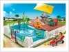 A playful scene of a swimming pool with figures enjoying the water and sun. Voir les images du produit