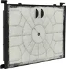 A close-up view of a white vacuum cleaner filter with a black frame and two black clips on top. Produktbild-Vorschau