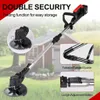 A cordless grass trimmer is shown in a yard with a house in the background. Insets highlight features like the folding mechanism and length adjustment. Produktbild-Vorschau