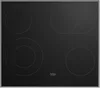 A top-down view of a black glass ceramic induction hob with four cooking zones. Produktbild-Vorschau