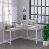 A modern L-shaped desk setup in a home office with a computer, printer, laptop, and decorative items. Podgląd zdjęcia produktu