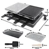 A raclette grill with dimensions shown, along with its accessories. Produktbild-Vorschau
