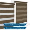 Two window blinds are shown side-by-side, with text overlays indicating features. Produktbild-Vorschau