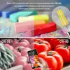 Collage showing the effect of LED light on color rendering with chalk pastels and tomatoes, comparing CRI=70 to CRI≥80. Produktbild-Vorschau