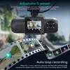 A dashcam is shown mounted on a car's windshield, with film strips displaying various driving scenes and features. Produktbild-Vorschau