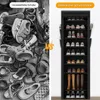 A split image showing a pile of messy shoes on the left and a neat shoe rack filled with shoes on the right. Produktbild-Vorschau